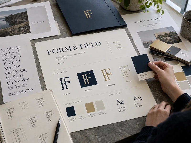 Illustrative visual identity design with printed typography, monogram studies and color swatches