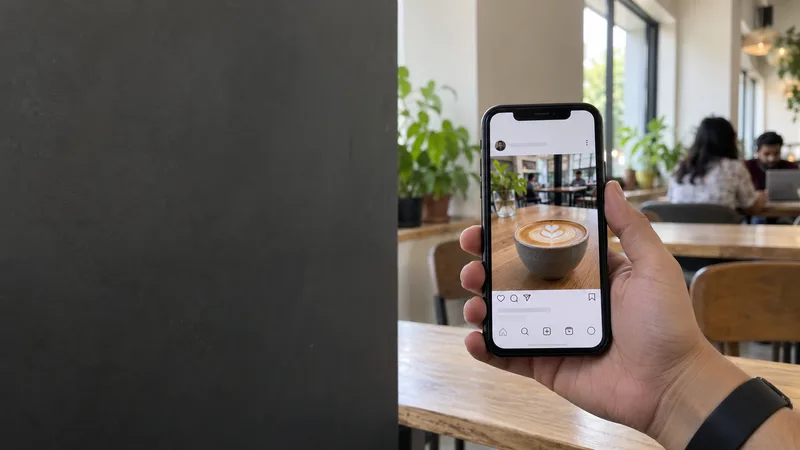 Illustrative coffee social post on a phone in a daytime café