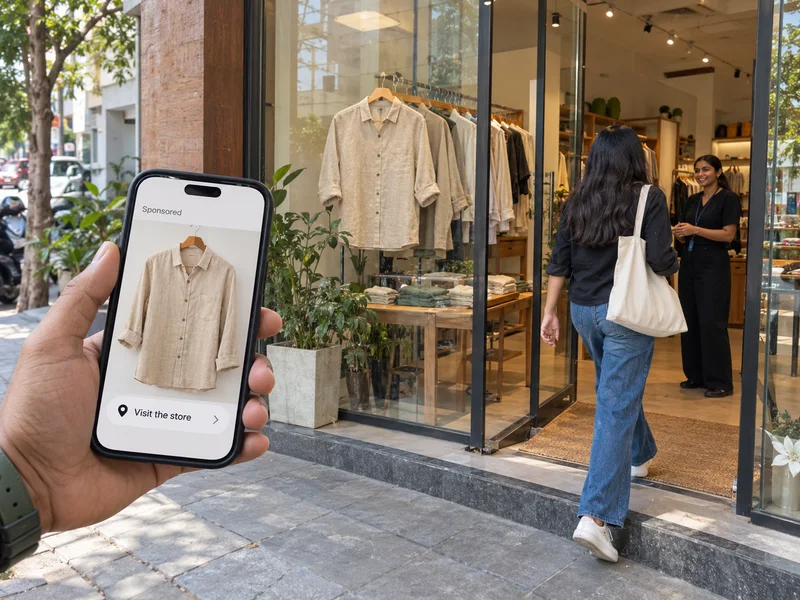 Illustrative social clothing ad on a phone beside a customer entering the matching physical store