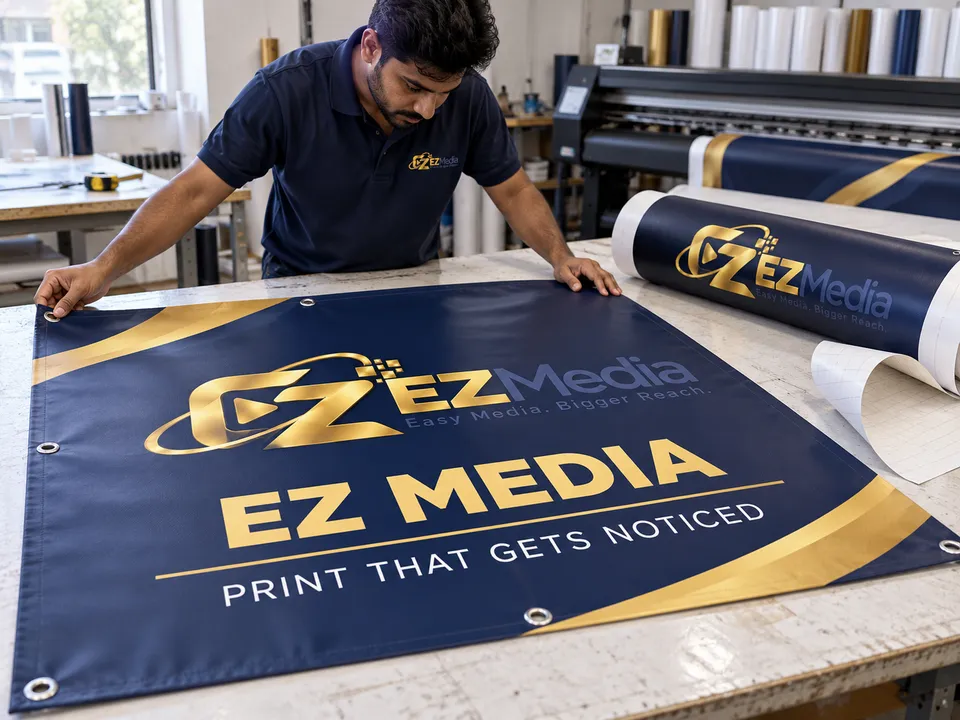 Illustrative flex banner with reinforced eyelets and a printed vinyl roll