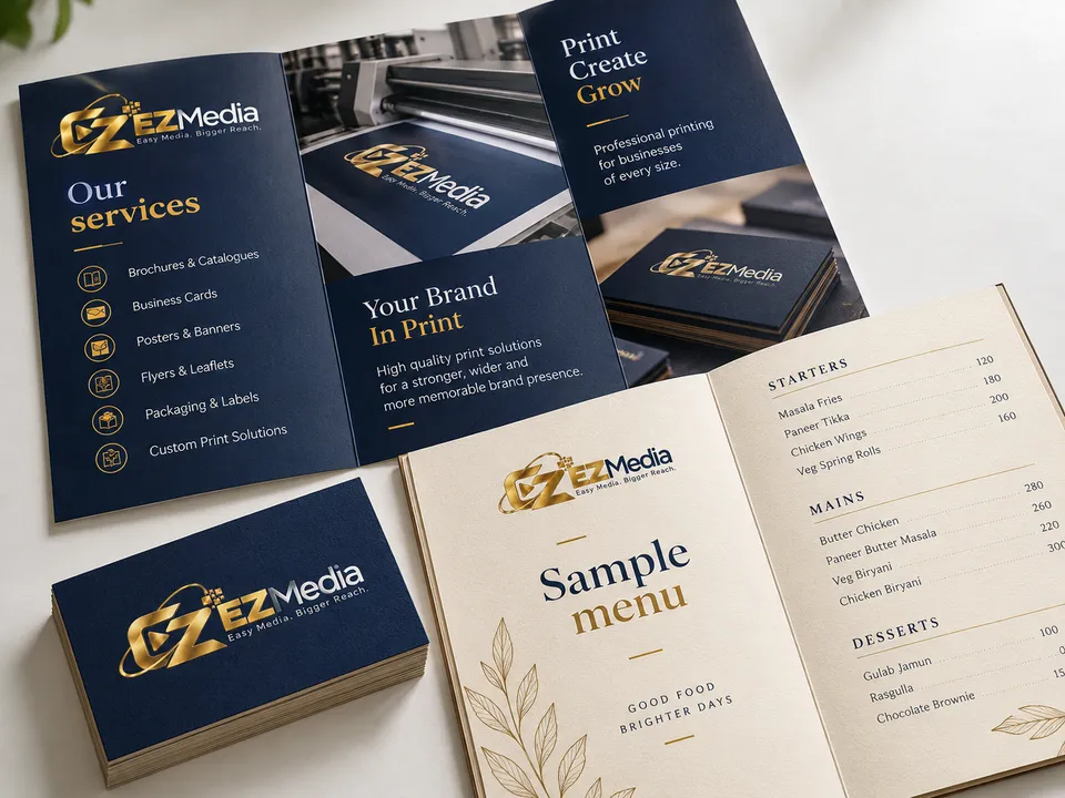 Illustrative EZ brochure, menu and printed business cards