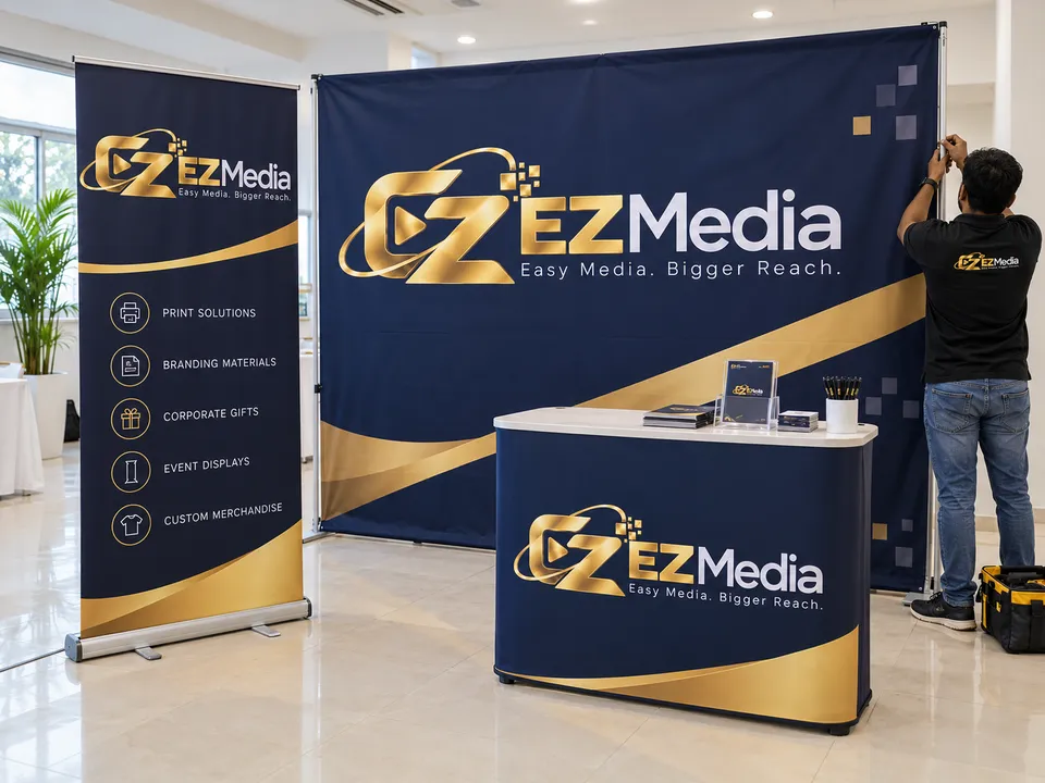 Illustrative event backdrop, roll-up banner and branded counter being installed