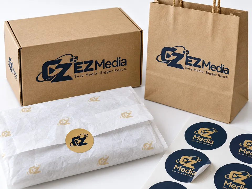 Illustrative kraft packaging, paper bag, tissue and adhesive sticker sheet