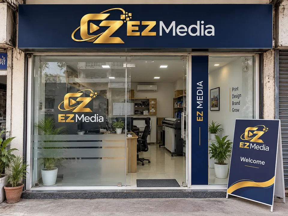 Illustrative shop entrance with branded window vinyl and a freestanding welcome panel