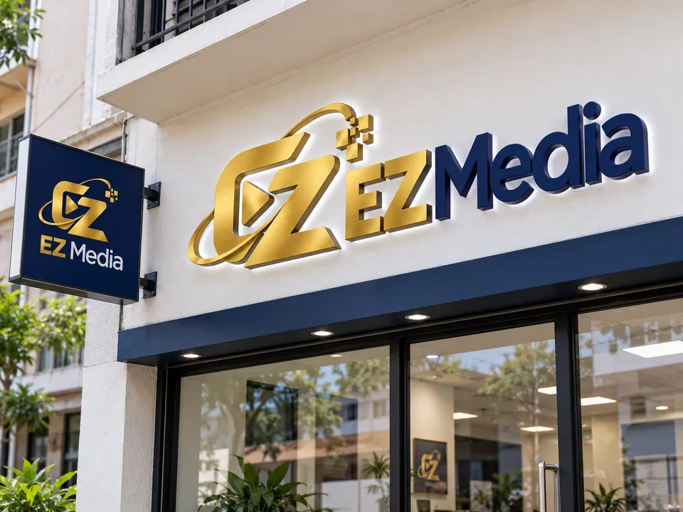 Illustrative dimensional EZ Media storefront lettering and a projecting light-box sign