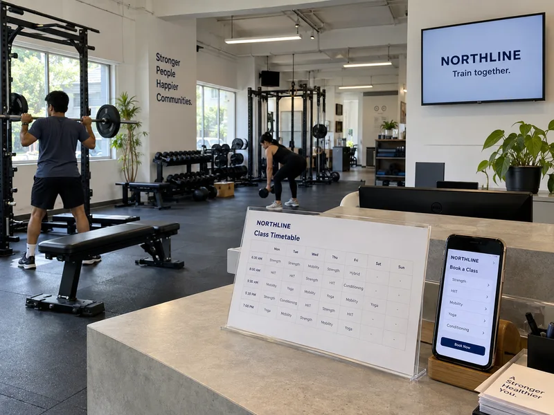 Concept fitness centre with a reception screen, booking creative and a printed class timetable