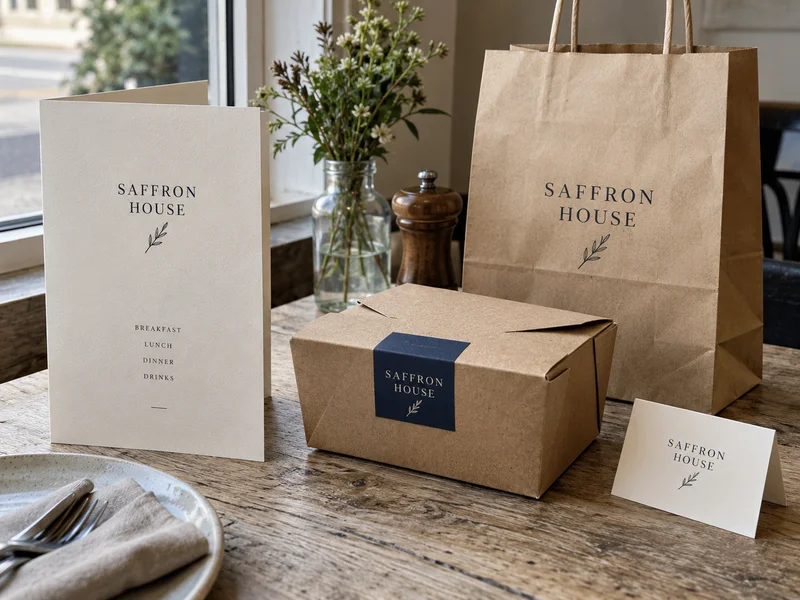 Concept menu, paper bag, table card and kraft food packaging on a daylight table